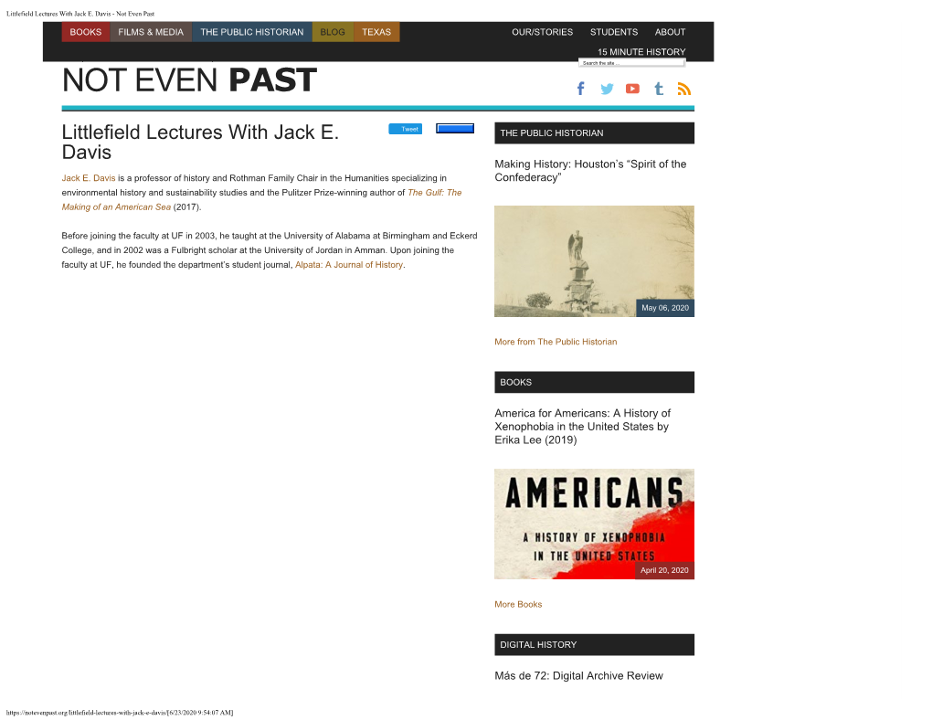 Littlefield Lectures with Jack E. Davis - Not Even Past