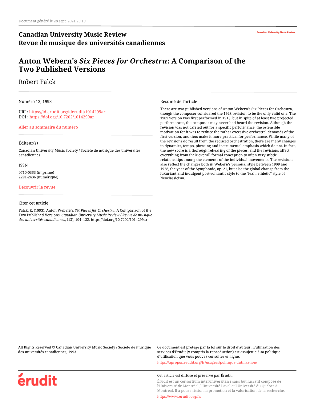 Anton Webern's Six Pieces for Orchestra: a Comparison of the Two Published Versions Robert Falck