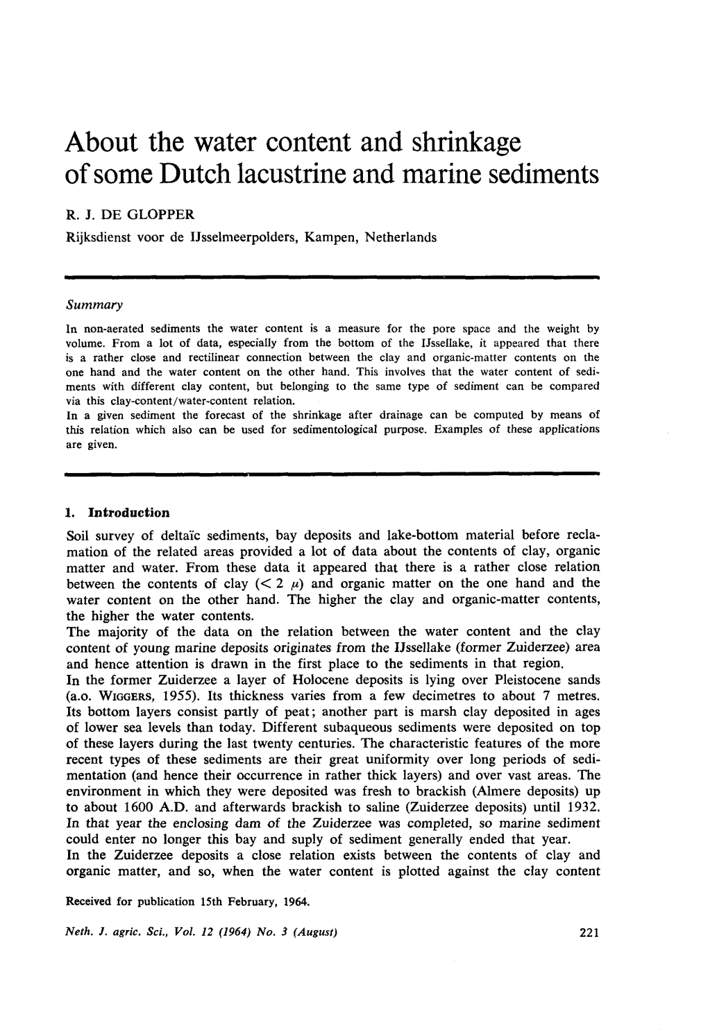 About the Water Content and Shrinkage of Some Dutch Lacustrine and Marine Sediments