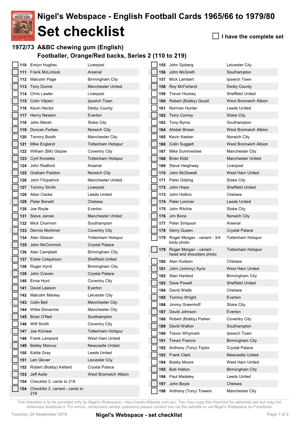 Set Checklist I Have the Complete Set 1972/73 A&BC Chewing Gum (English) Footballer, Orange/Red Backs, Series 2 (110 to 219)