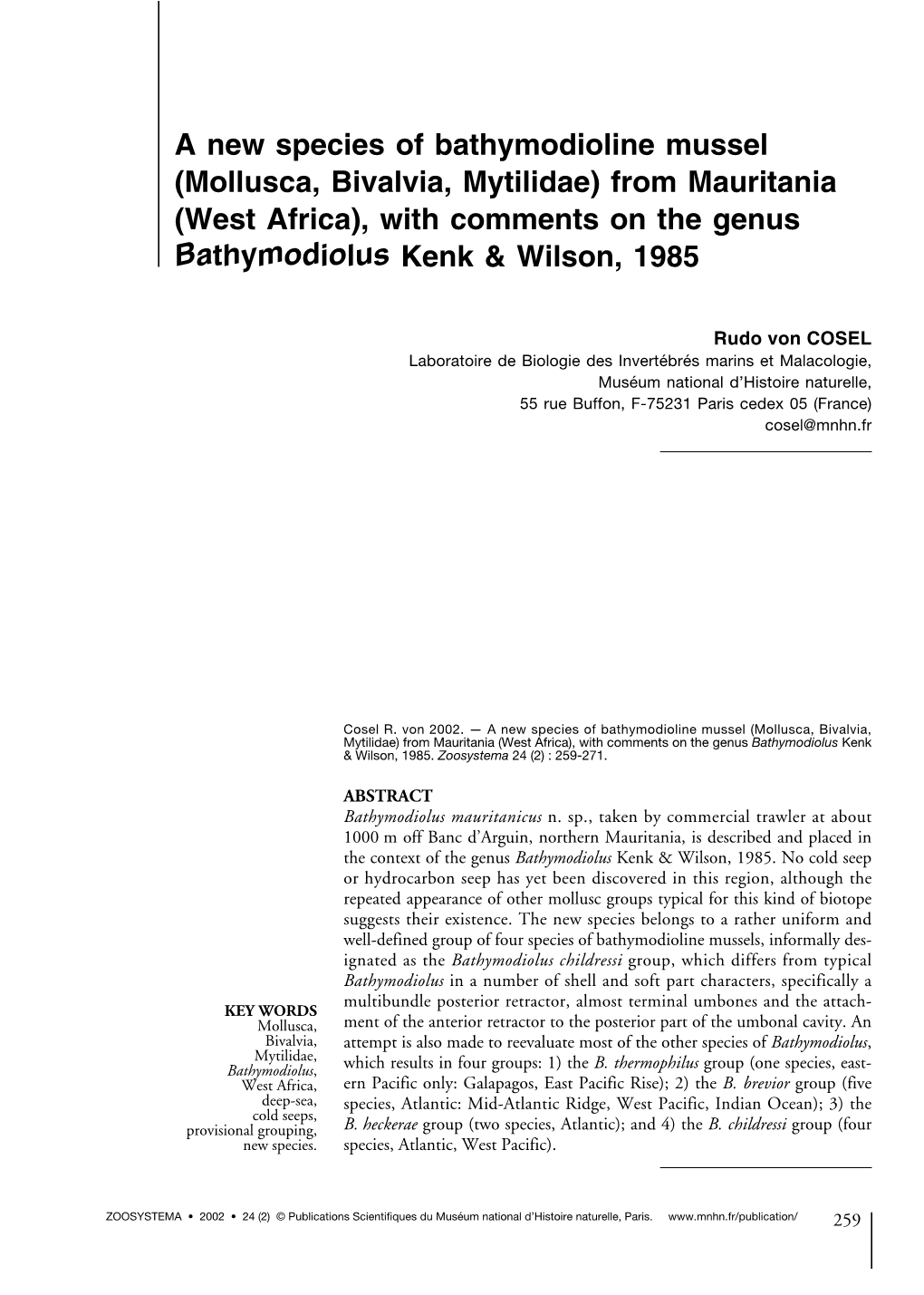 A New Species of Bathymodioline Mussel (Mollusca, Bivalvia, Mytilidae) from Mauritania (West Africa), with Comments on the Genus Bathymodiolus Kenk & Wilson, 1985