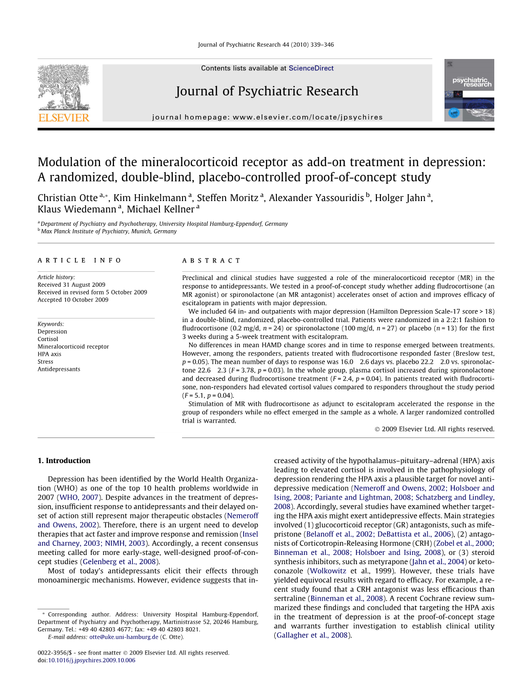 Modulation of the Mineralocorticoid Receptor As Add-On Treatment in Depression: a Randomized, Double-Blind, Placebo-Controlled Proof-Of-Concept Study