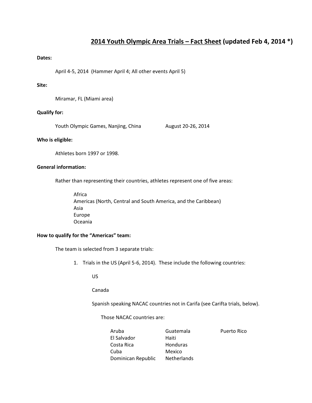 2014 Youth Olympic Area Trials – Fact Sheet (Updated Feb 4, 2014 *)