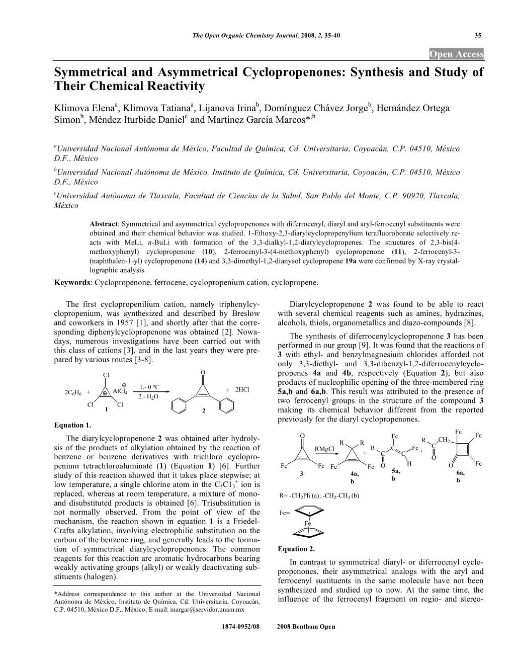 Symmetrical and Asymmetrical Cyclopropenones: Synthesis and Study of Their Chemical Reactivity