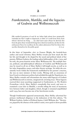 Frankenstein, Matilda, and the Legacies of Godwin and Wollstonecraft