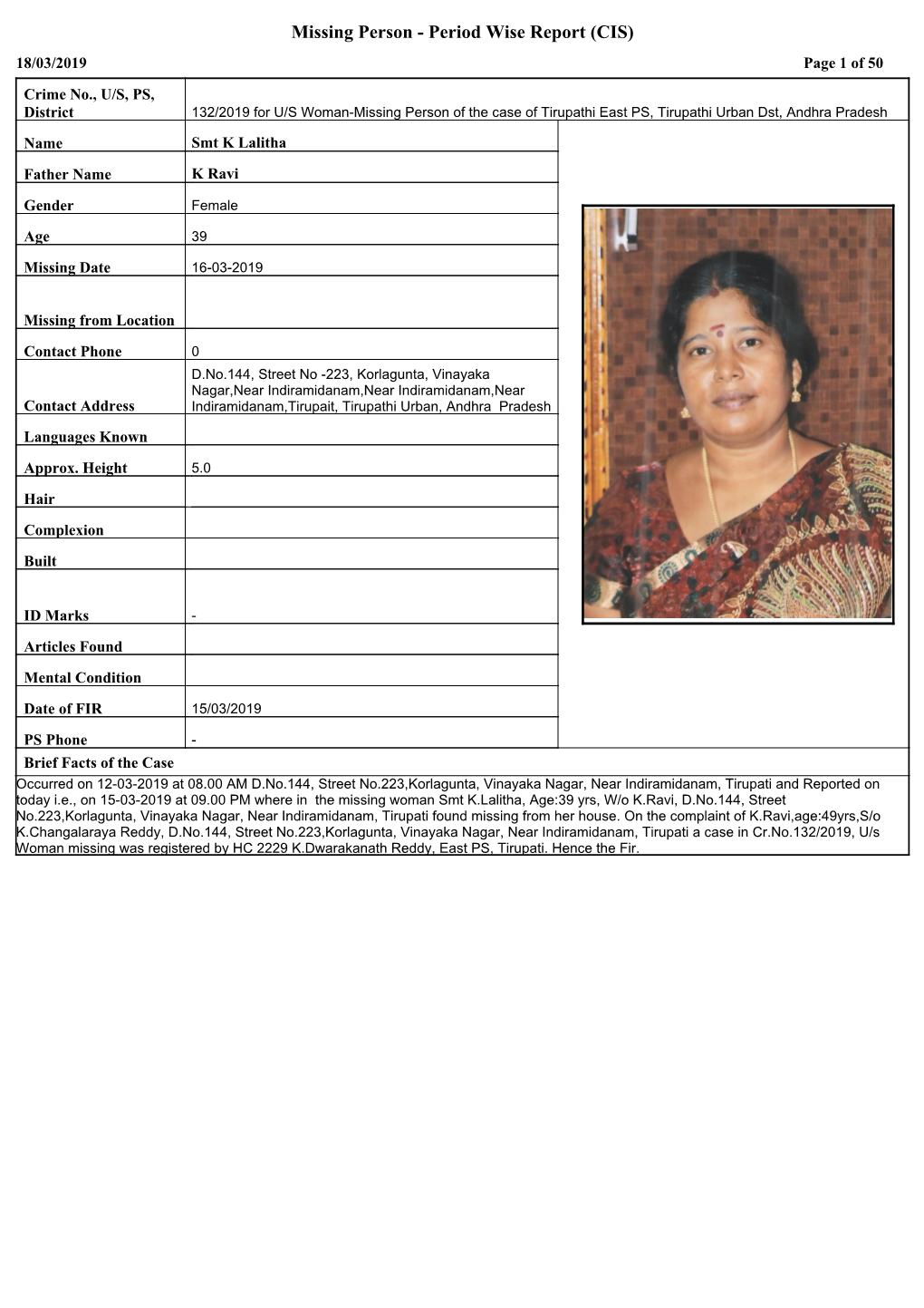 Missing Person - Period Wise Report (CIS) 18/03/2019 Page 1 of 50