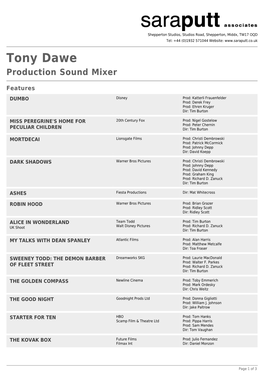 Tony Dawe Production Sound Mixer