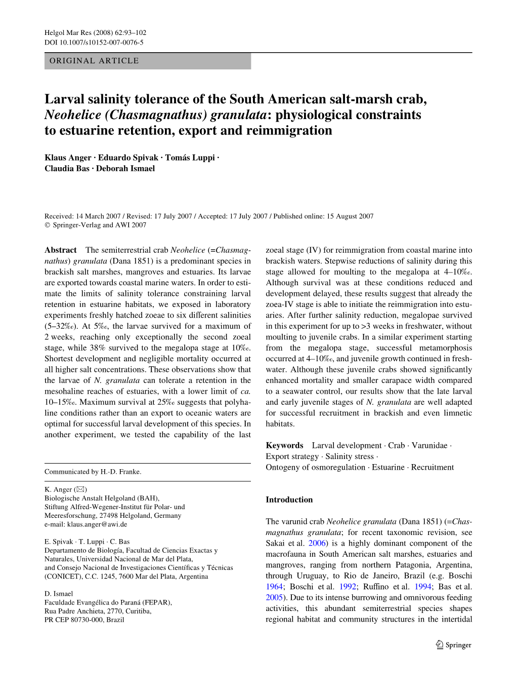 Larval Salinity Tolerance of the South American Salt-Marsh Crab, Neohelice