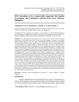 DNA Barcoding of Two Commercially Important Fish Families (Carangidae and Lutjanidae) Collected from Cuyo, Palawan, Philippines