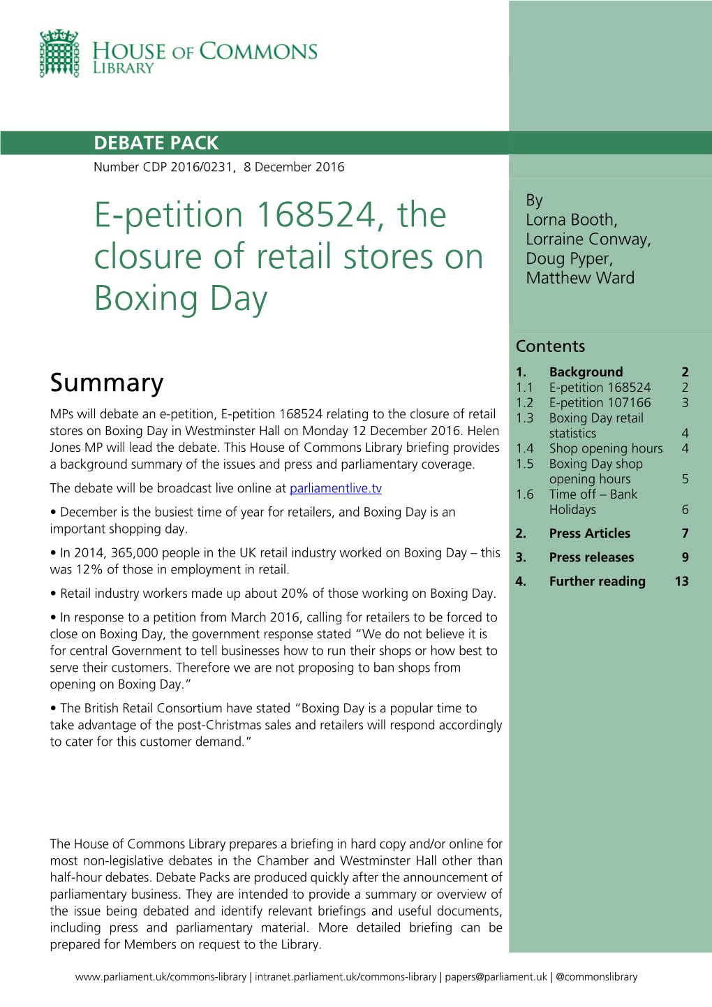 E-Petition 168524, the Closure of Retail Stores on Boxing Day 3