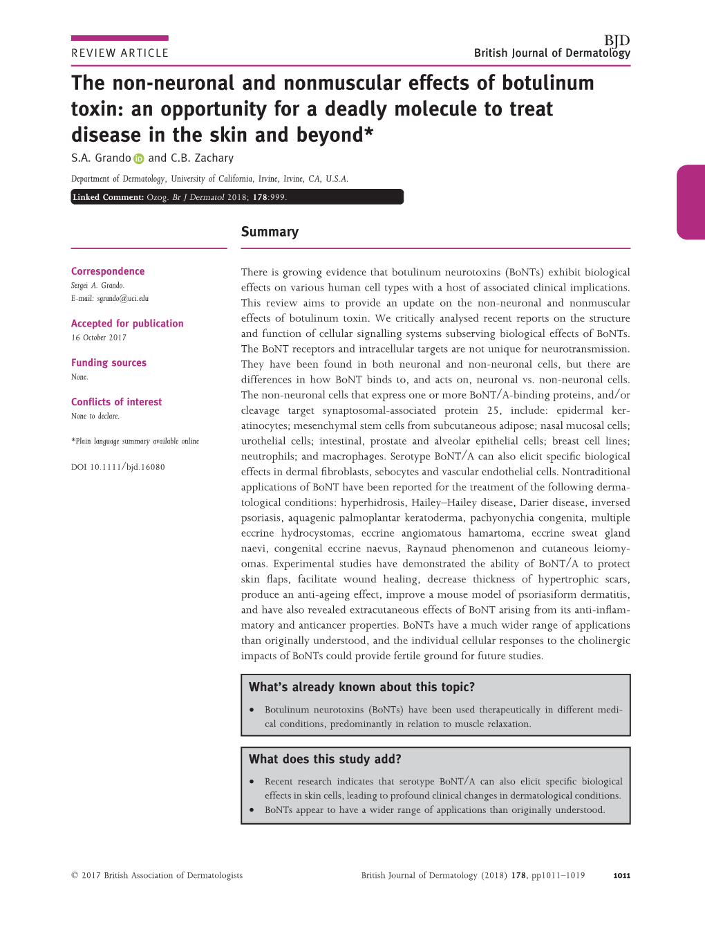 The Non‐Neuronal and Nonmuscular Effects of Botulinum Toxin