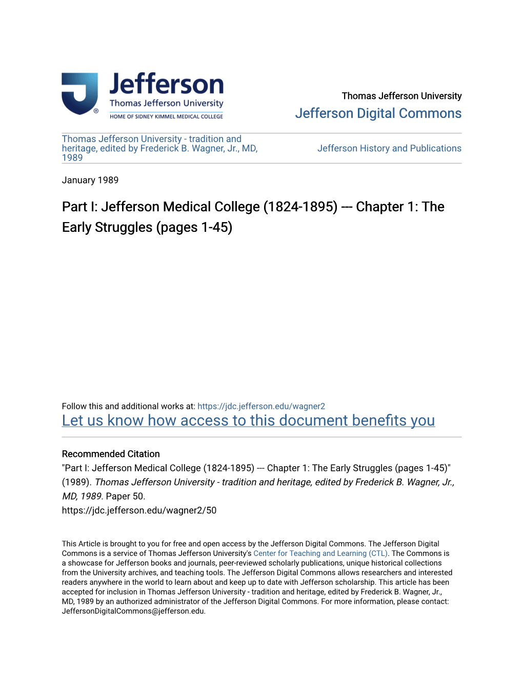 Jefferson Medical College (1824-1895) --- Chapter 1: the Early Struggles (Pages 1-45)