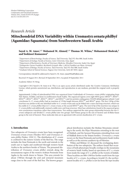 Mitochondrial DNA Variability Within Uromastyx Ornata Philbyi (Agamidae: Squamata) from Southwestern Saudi Arabia