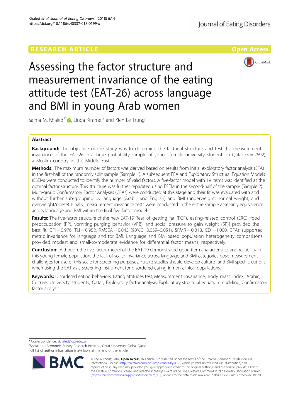 Assessing the Factor Structure and Measurement Invariance of the Eating Attitude Test (EAT-26) Across Language and BMI in Young Arab Women Salma M