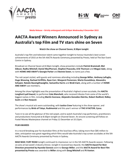 AACTA Award Winners Announced in Sydney As Australia's Top Film And