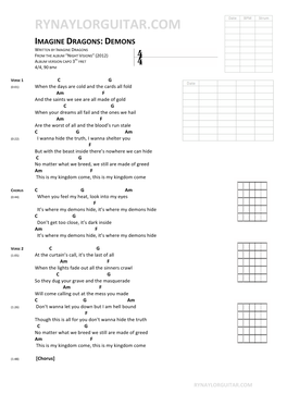 Imagine Dragons: Demons Written by Imagine Dragons from the Album “Night Visions” (2012) Rd Album Version Capo 3 Fret 4/4, 90 Bpm