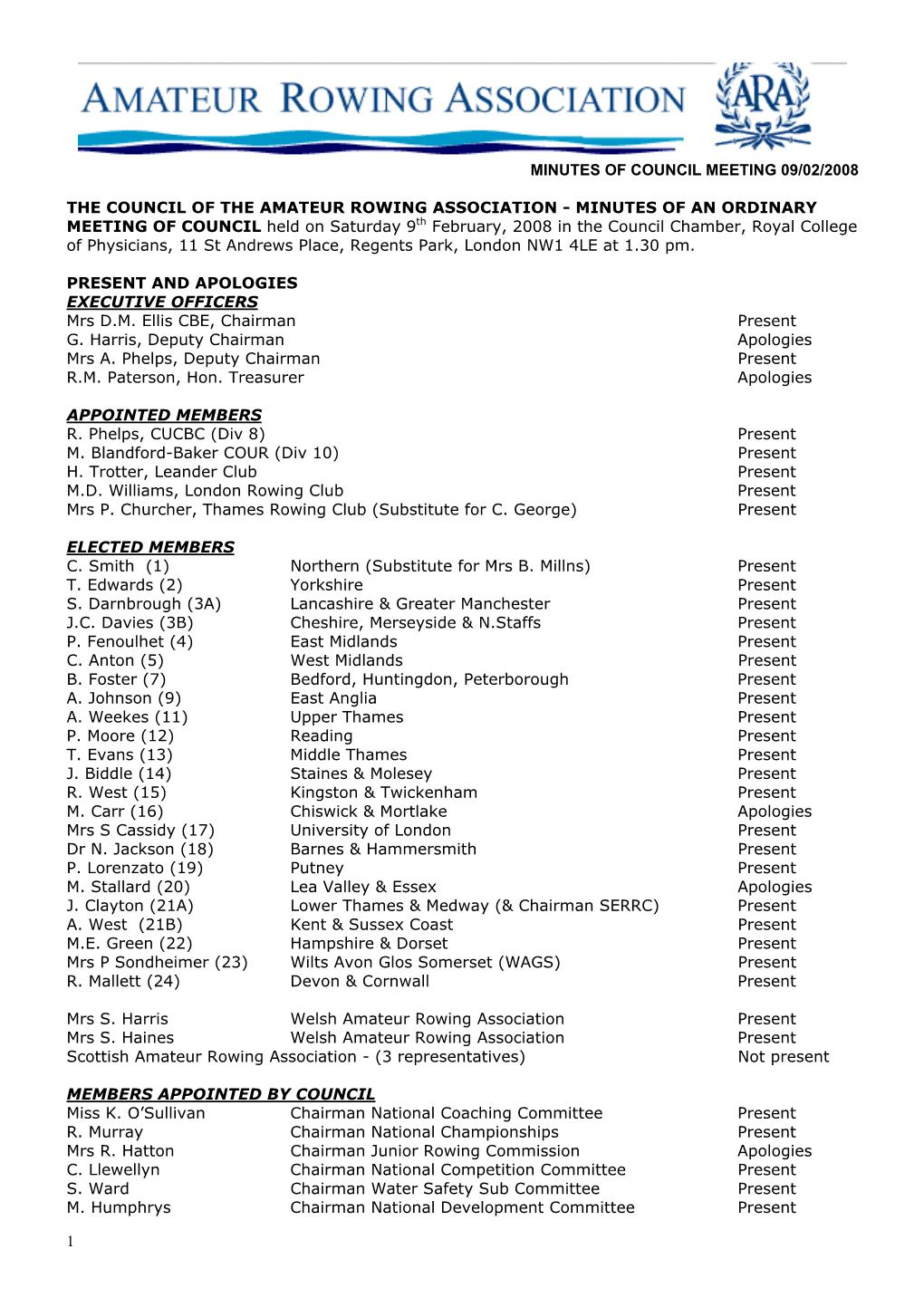 The Council of the Amateur Rowing Association Minutes