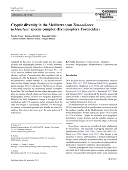 Cryptic Diversity in the Mediterranean Temnothorax Lichtensteini Species Complex (Hymenoptera:Formicidae)