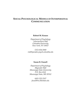 Social Psychological Models of Interpersonal Communication