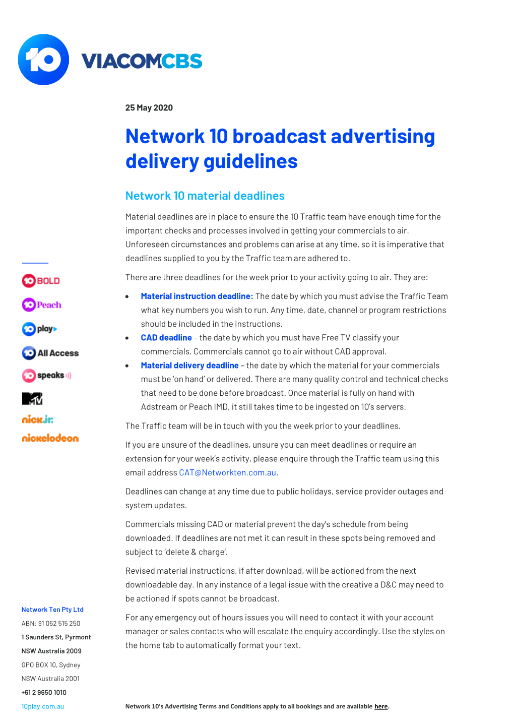 Network 10 Broadcast Advertising Delivery Guidelines