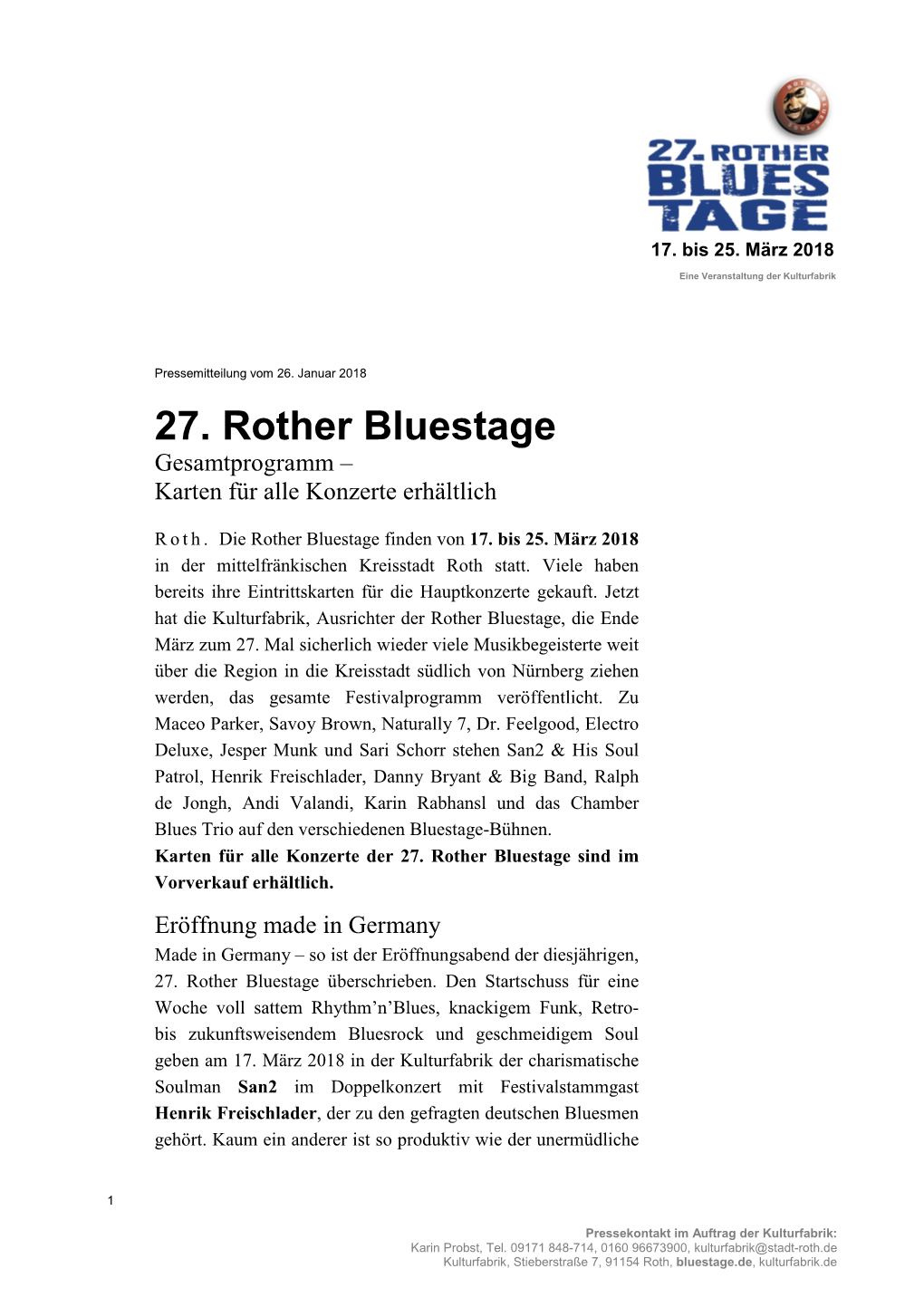 27. Rother Bluestage Gesamtprogramm – Karten Für Alle Konzerte Erhältlich