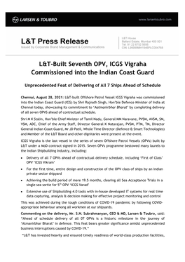 2021-08-28 L&T-Built Seventh OPV, ICGS Vigraha Commissioned Into the Indian Coast Guard