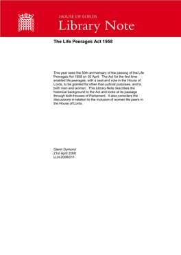 House of Lords Library Note: the Life Peerages Act 1958