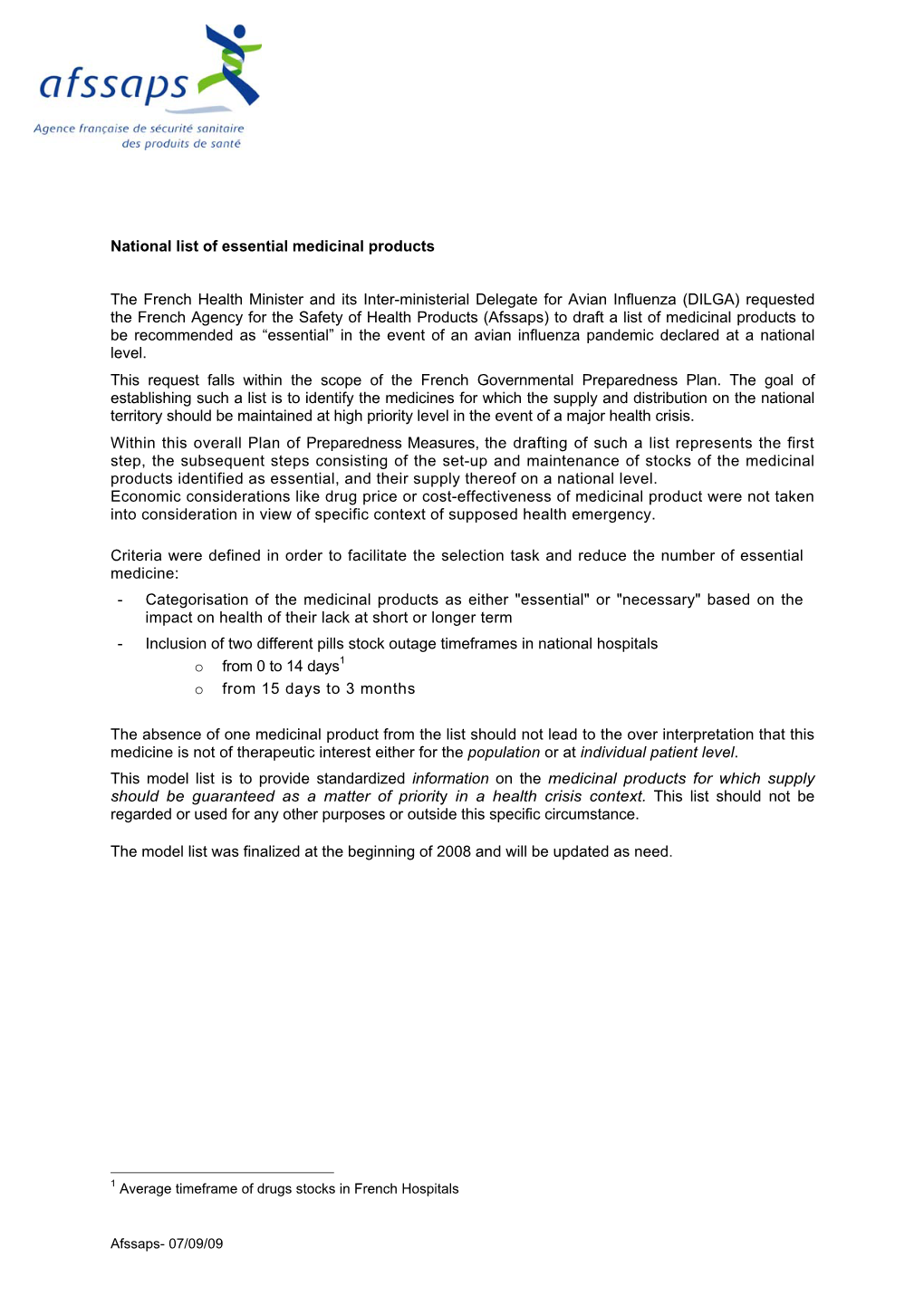 NATIONAL RECOMMENDATIONS on the ESSENTIAL MEDICINAL PRODUCTS in the CONTEXT of an PANDEMIC INFLUENZA - Principles for the Selection of Medicinal Products –