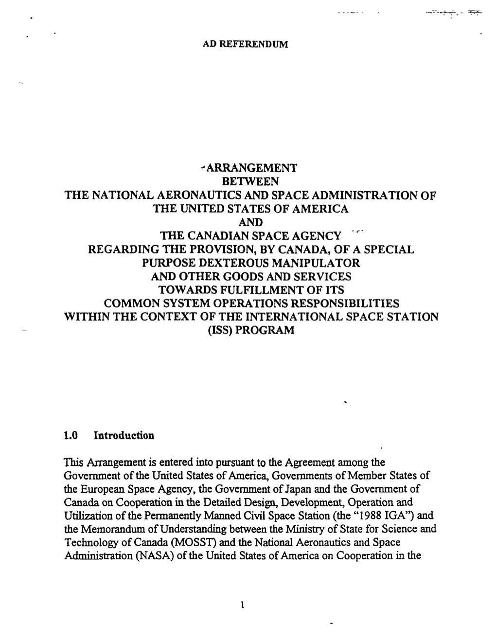 Arrangement Between the National Aeronautics and Space Administration of the United States of America and T’He Canadian Space Agency ’ C