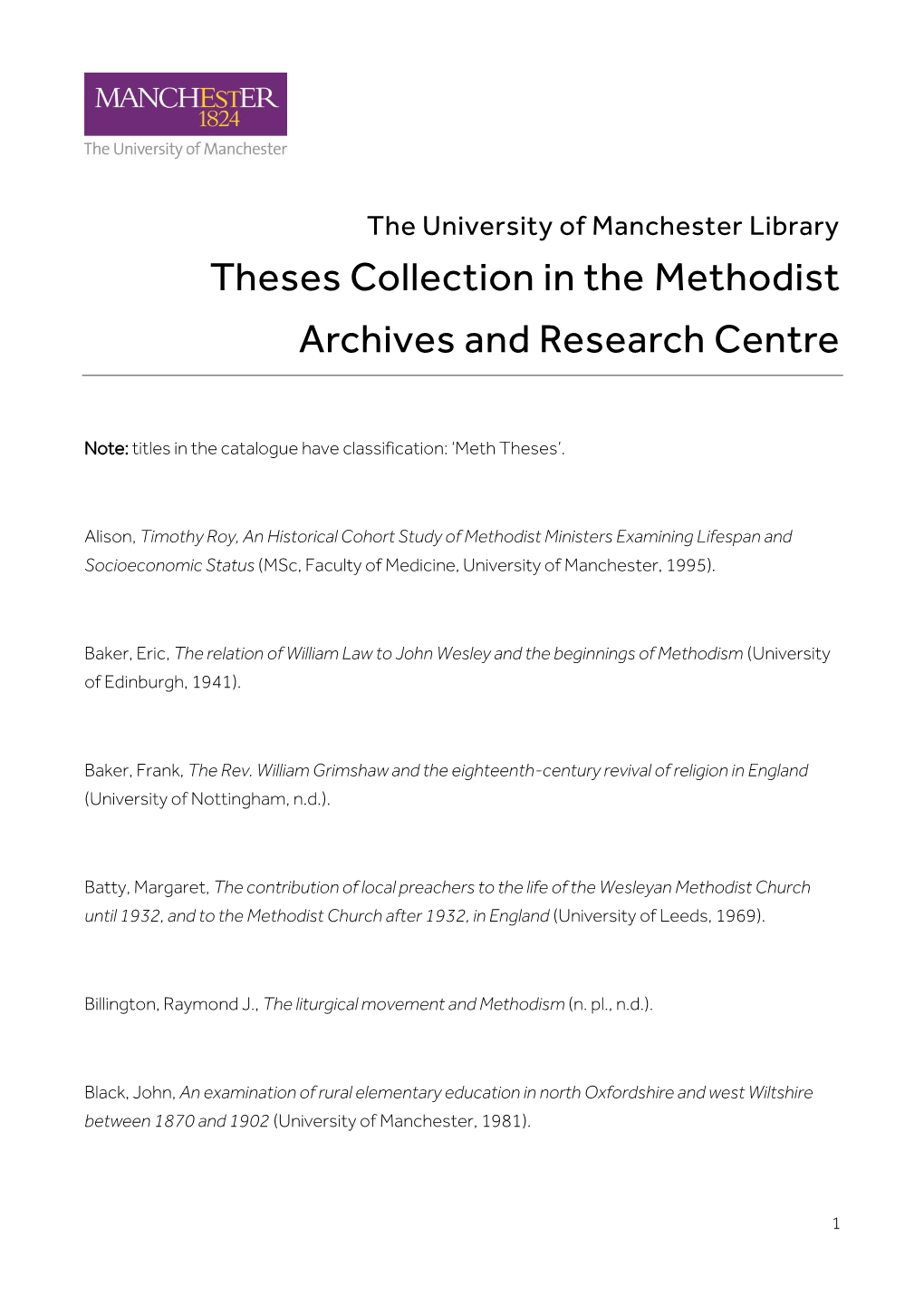 Theses Collection in the Methodist Archives and Research Centre
