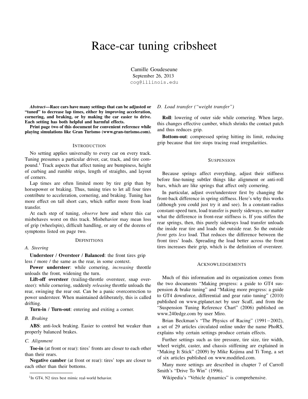 Race-Car Tuning Cribsheet