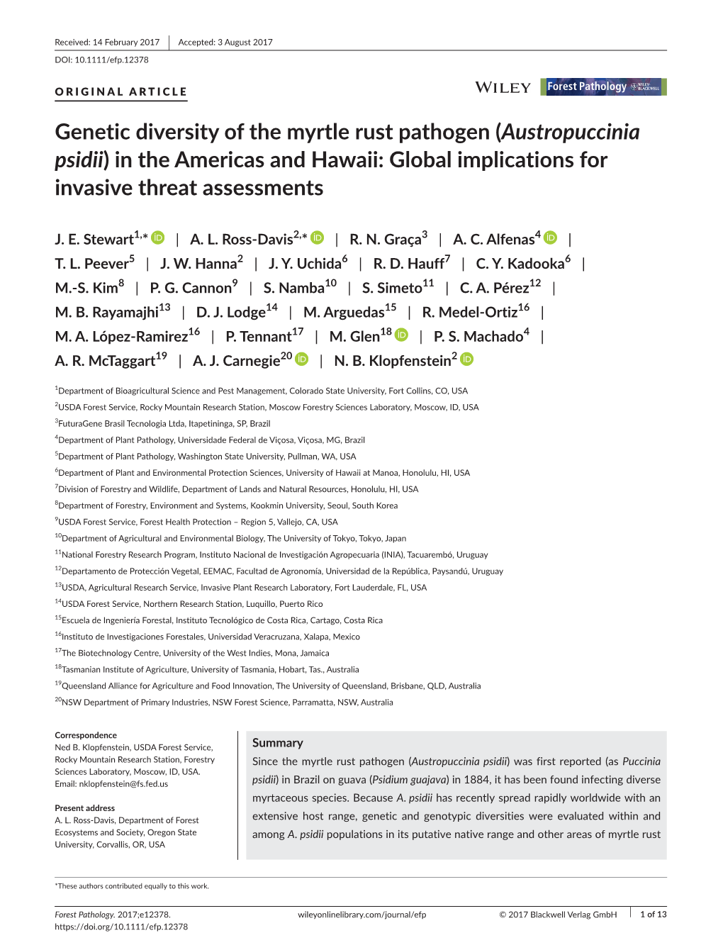 Austropuccinia Psidii) in the Americas and Hawaii: Global Implications for Invasive Threat Assessments