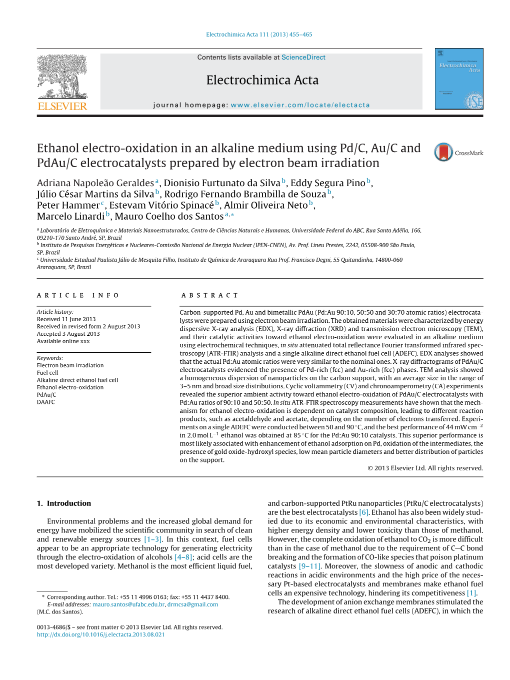 Ethanol Electro-Oxidation in an Alkaline Medium Using Pd/C, Au/C and Pdau/C Electrocatalysts Prepared by Electron Beam Irradiati