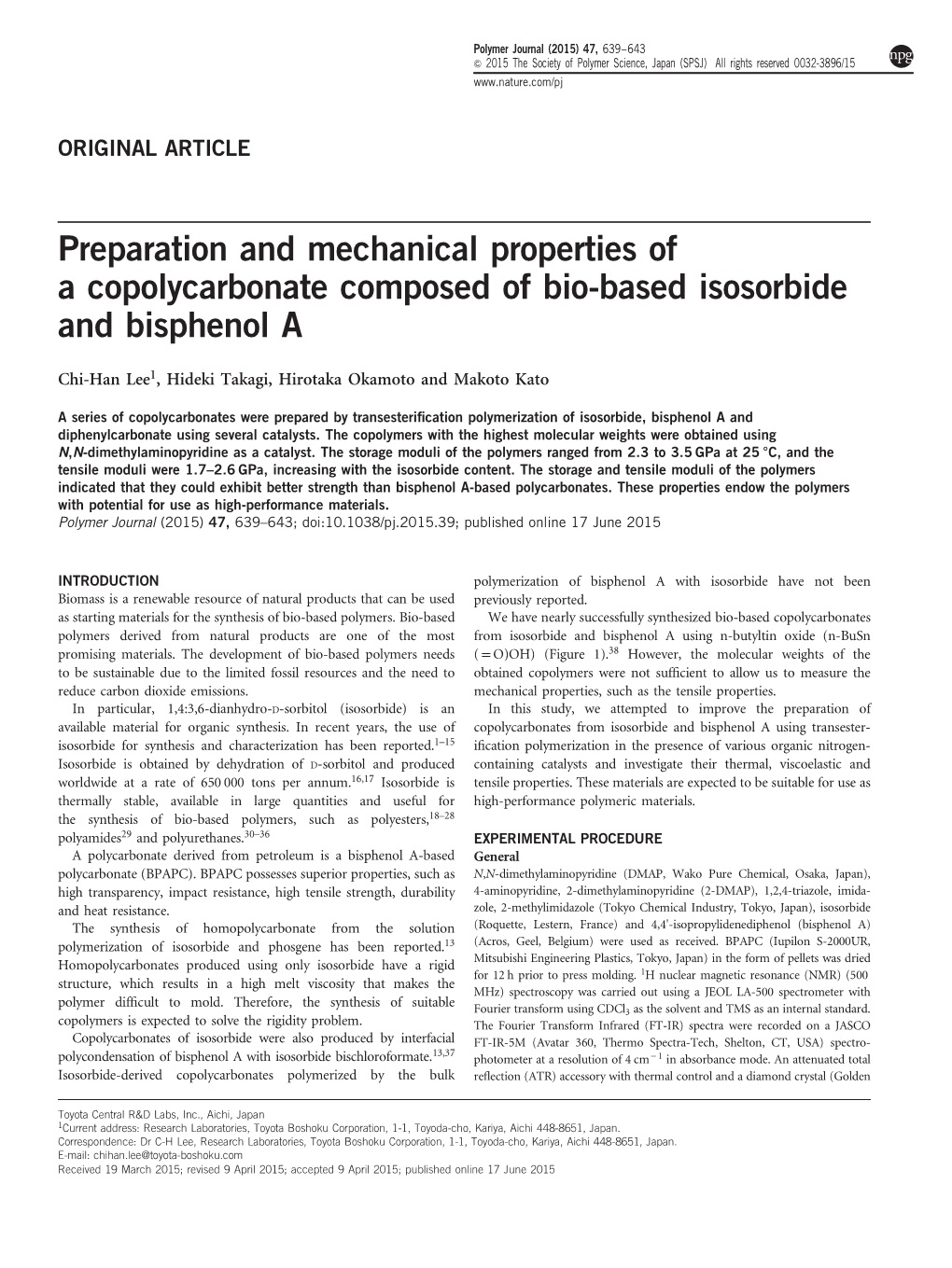 Preparation and Mechanical Properties of a Copolycarbonate Composed of Bio-Based Isosorbide and Bisphenol A