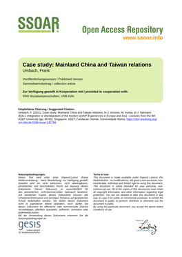 Case Study: Mainland China and Taiwan Relations Umbach, Frank