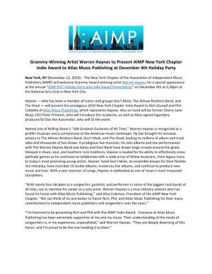 Grammy-Winning Artist Warren Haynes to Present AIMP New York Chapter Indie Award to Atlas Music Publishing at December 4Th Holiday Party