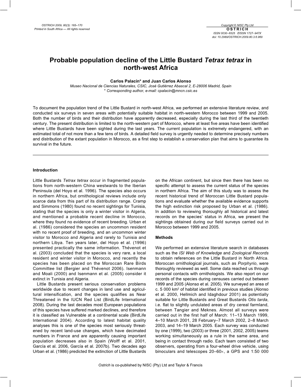 Probable Population Decline of the Little Bustard Tetrax Tetrax in North-West Africa