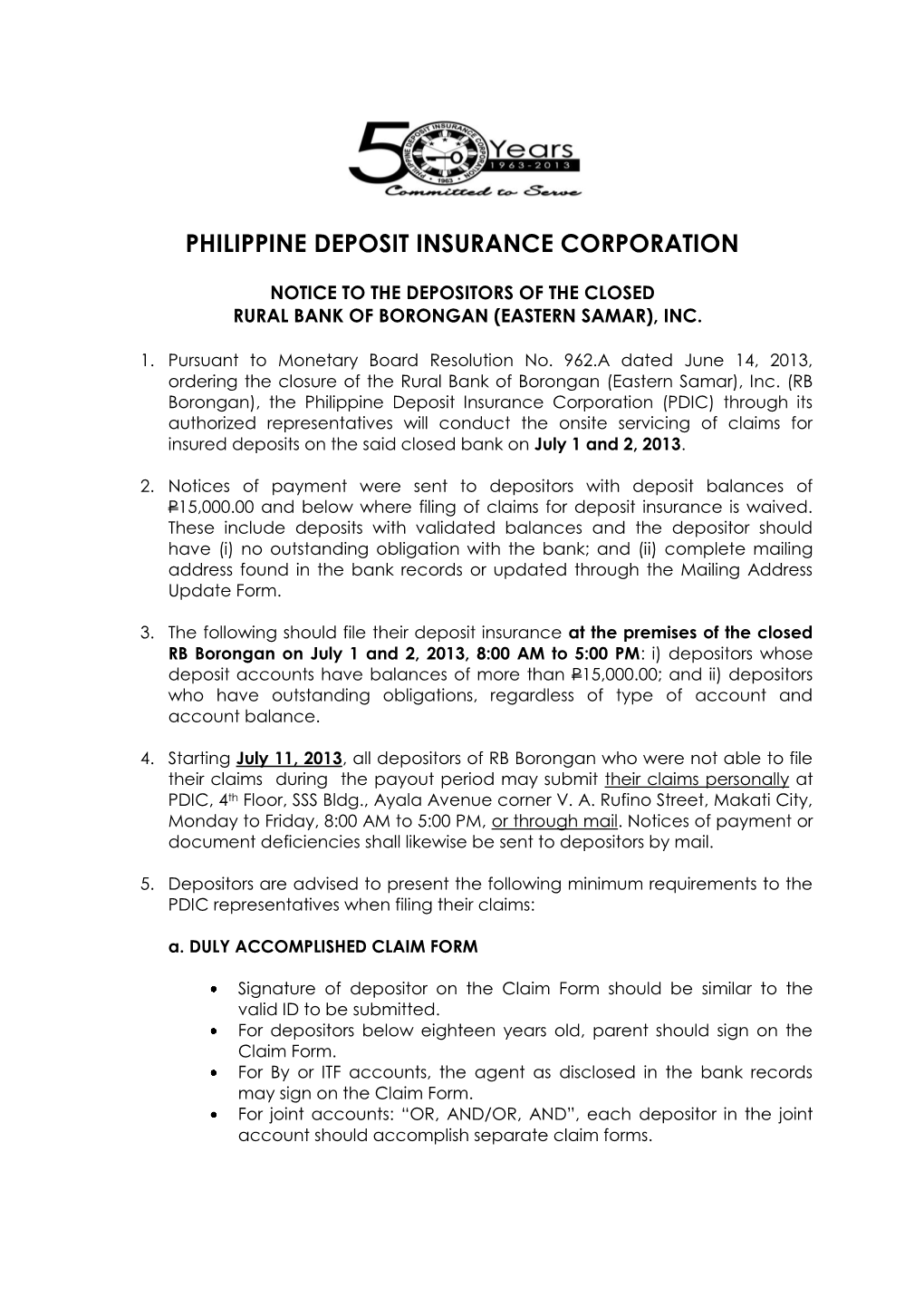Notice to the Depositors of the Closed Rural Bank of Borongan (Eastern Samar), Inc