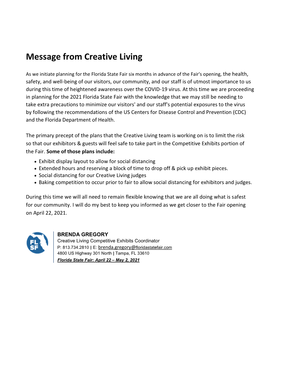 Message from Creative Living