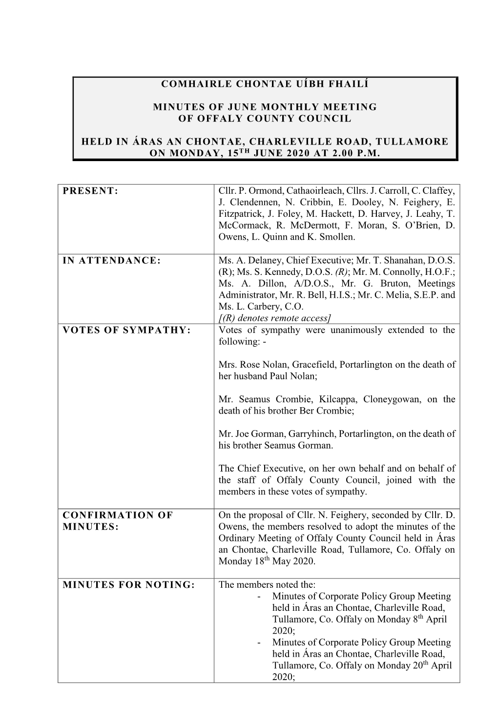 Comhairle Chontae Uíbh Fhailí Minutes of June Monthly