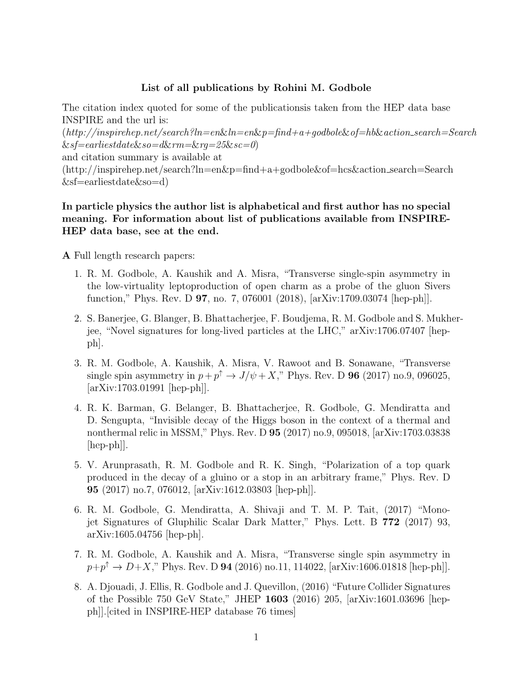 List of All Publications by Rohini M. Godbole the Citation Index Quoted