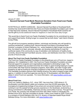 Second Harvest Food Bank Receives Donation from Food Lion Feeds Charitable Foundation