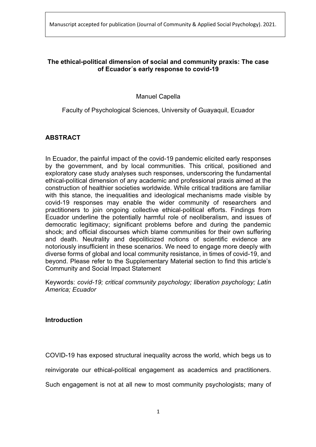 The Ethical-Political Dimension of Social and Community Praxis: the Case of Ecuador´S Early Response to Covid-19