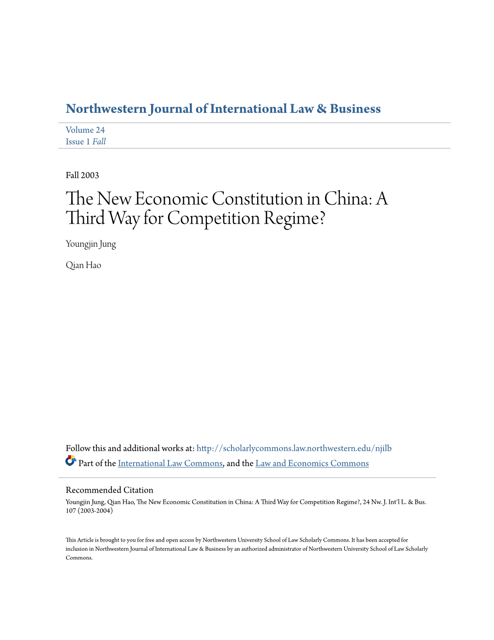 The New Economic Constitution in China: a Third Way for Competition Regime?