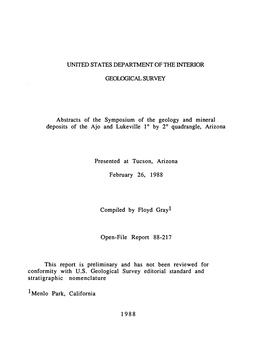 UNITED STATES DEPARTMENT of the INTERIOR GEOLOGICAL SURVEY Abstracts of the Symposium of the Geology and Mineral Deposits Of