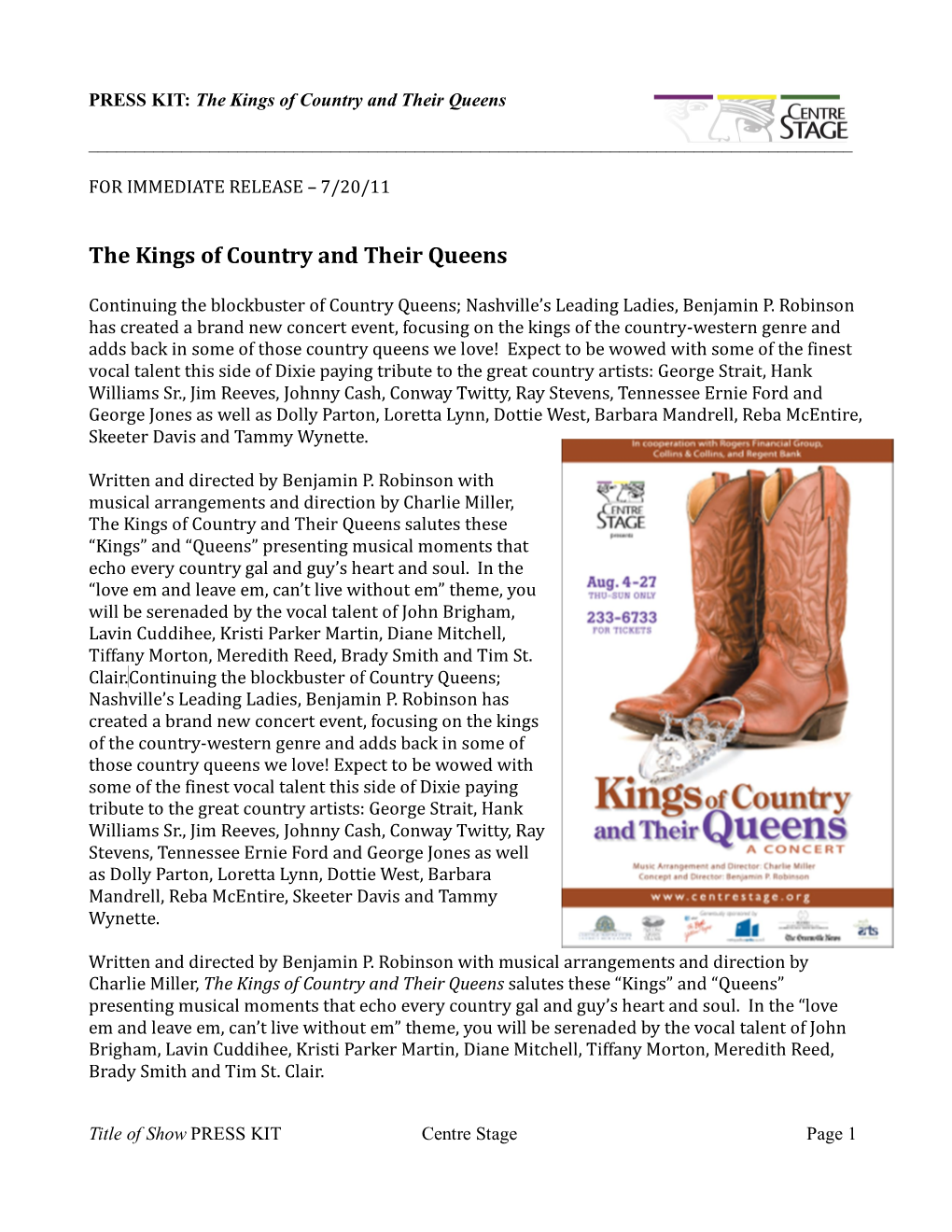 PRESS KIT: the Kings of Country and Their Queens