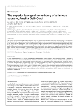The Superior Laryngeal Nerve Injury of a Famous Soprano, Amelita Galli-Curci La Lesione Del Nervo Laringeo Superiore Di Una Famosa Cantante, Amelita Galli-Curci R