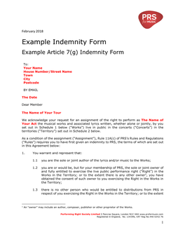 Example Indemnity Form Example Article 7(G) Indemnity Form