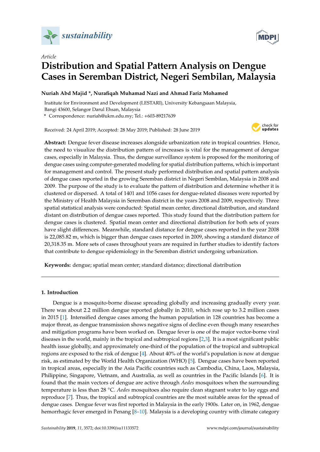 Distribution and Spatial Pattern Analysis on Dengue Cases in Seremban District, Negeri Sembilan, Malaysia