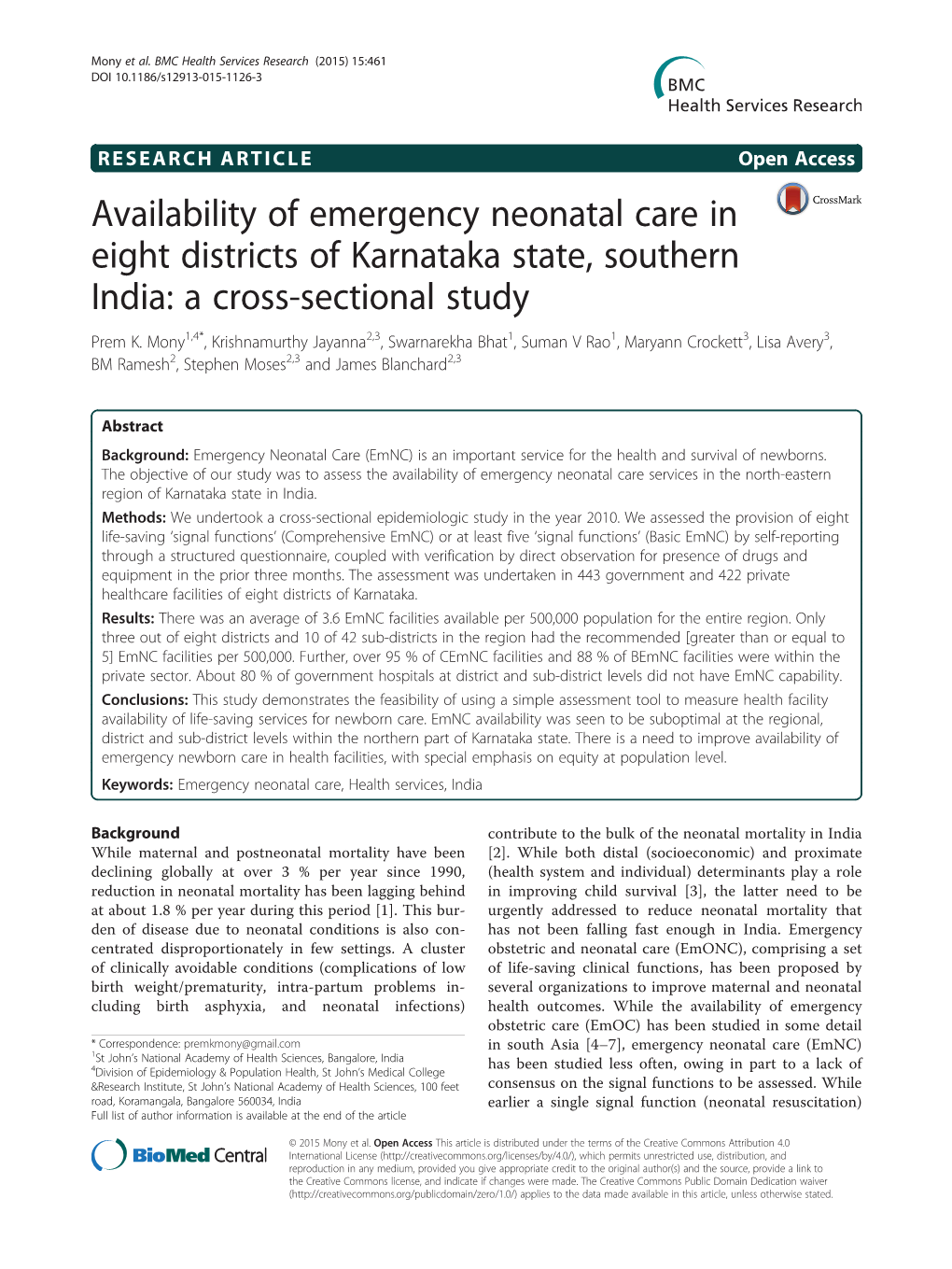 Availability of Emergency Neonatal Care in Eight Districts of Karnataka State, Southern India: a Cross-Sectional Study Prem K